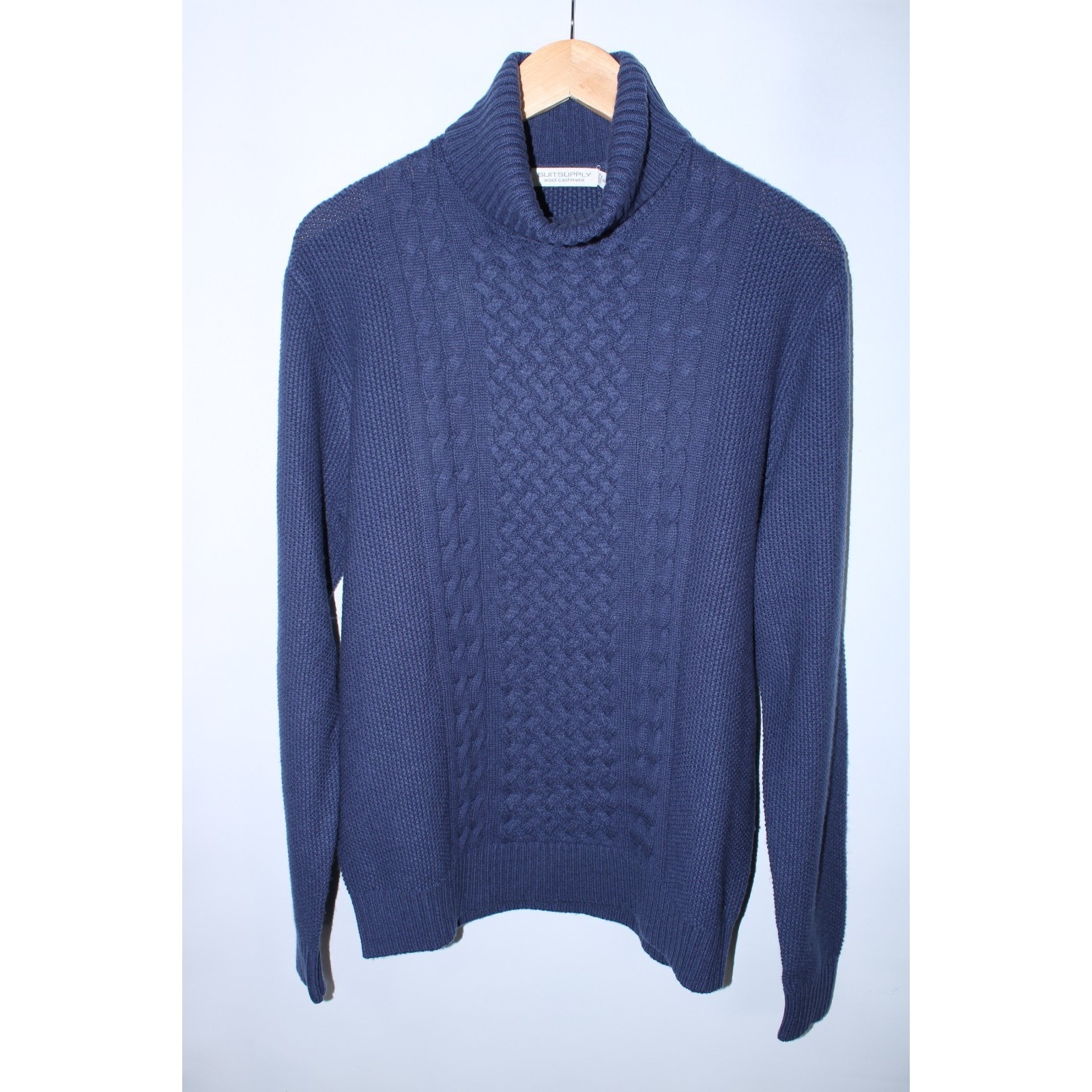 Suitsupply Men's Xl Blue Cable Knit Turtleneck Wool Cashmere Blend Sweater
